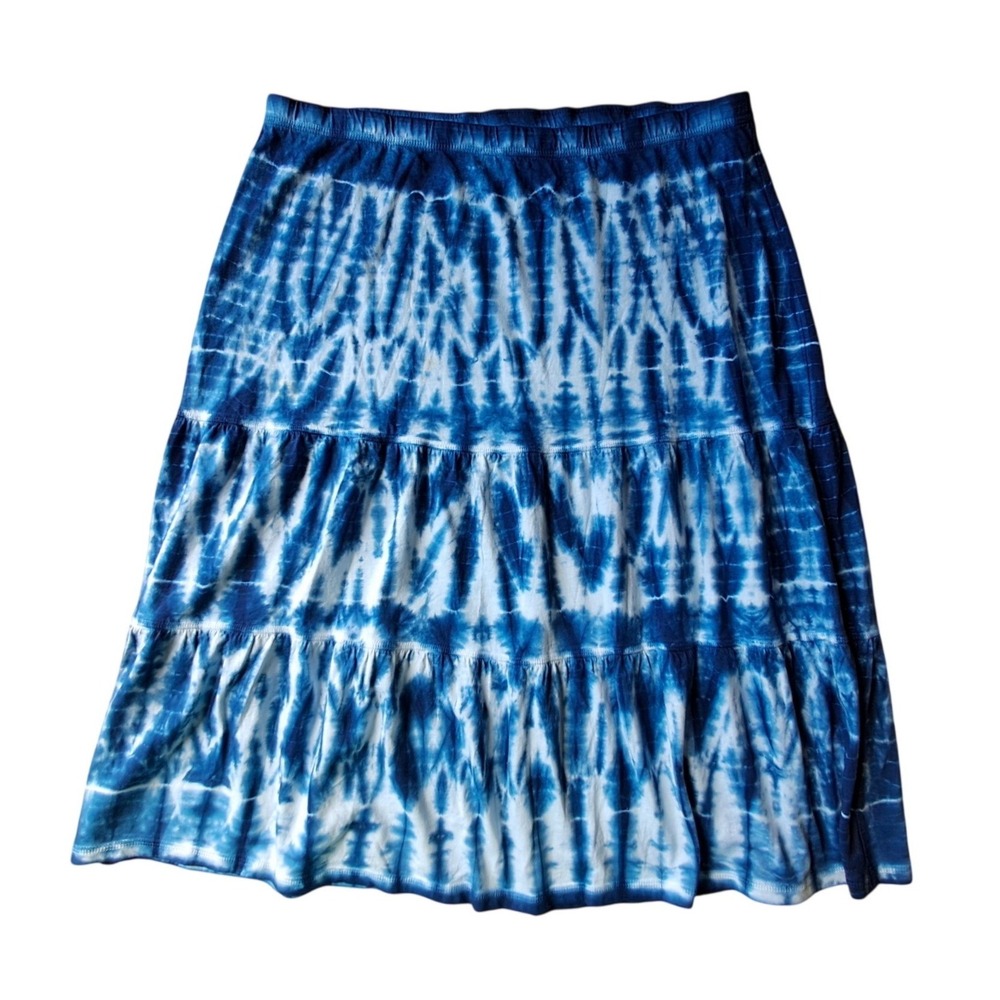 J. Jill Blue White Tie Dye Tiered‎ Midi Skirt Womens Medium Petite 100% Cotton